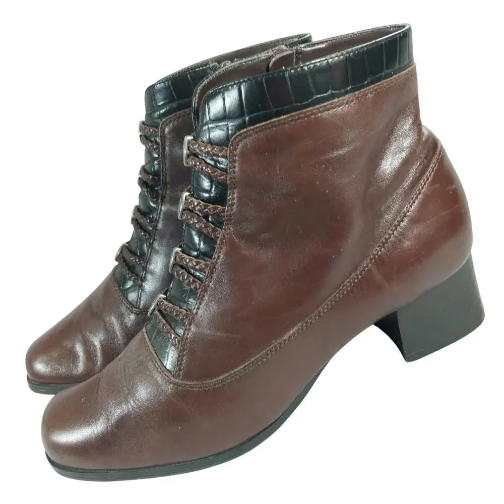 LONDON FOG! ESPRESSO BROWN GENUINE LEATHER, BLACK CROCO TRIM ANKLE BOOTS! 8.5W
